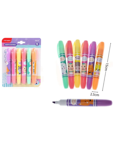 6 Set Destacadores Flúor Animales Kawaii (1 Set Trae 6 PCS) Medida: 15 x 2.5 cm aprox.