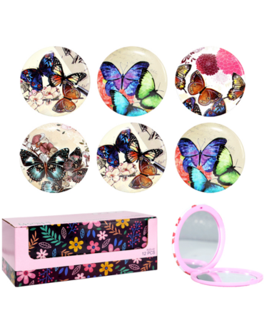 Espejo de Cartera Doble Mariposas Modelos Surtidos x 12 Unds. Medida: 7.5 cm aprox.