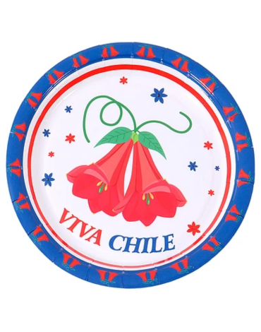 12 Set Platos de Cartón Copihue Viva Chile (1 Set Trae: 6 PCS) Medida: 18 cm aprox.