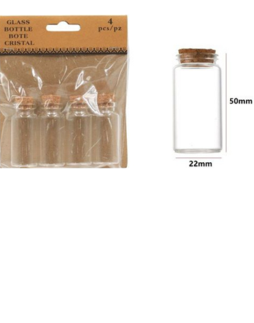 12 Set de Frasco de Vidrio con Corcho. Medida: 50 x 22 mm aprox.(1 Set Trae: 4 PCS)