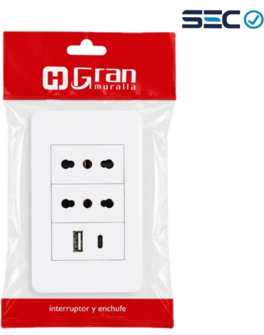 Tomacorriente Doble con Entrada TPC y USB 16A Color Blanco x 4 Unds.