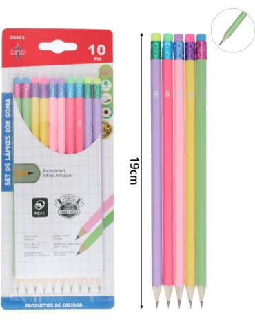 12 Set Lápiz Mina HB con Sacapunta (1 Set Trae 10 PCS) Medida: 19 cm aprox.