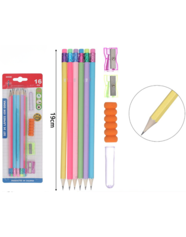 12 Set de Lápiz Gráfito HB con Accesorios (1 Set Trae 6 PCS) Medida: 19 cm aprox.