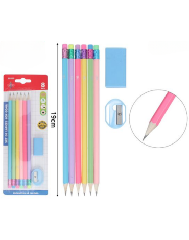 12 Set Lápiz Mina + Sacapunta y Goma (1 Set Trae 8 PCS) Medida: 19 cm aprox.