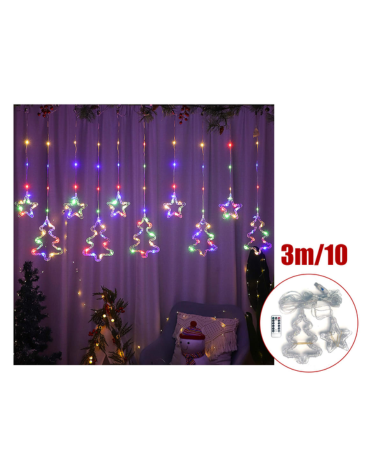 Cortina de Luces Navideña Estrellas y Arboles USB x 12 Unds. Medidas: 3 m aprox.