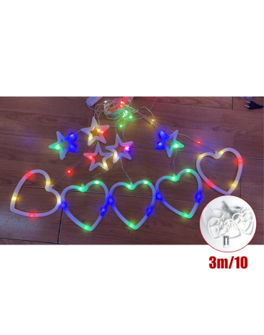 Cortina de Luces Navideña Estrellas y Corazones USB x 12 Unds. Medidas: 3 m aprox.