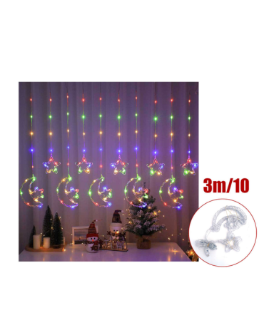 Cortina de Luces Navideña Estrellas y Lunas USB x 12 Unds. Medidas: 3 m aprox.