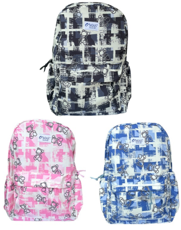 Mochila con Estampado Colores Surtidos x 12 Unds. Medida: 42 x 30 x 12 cm aprox.