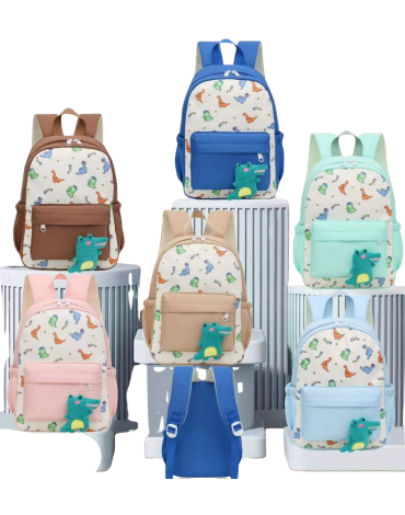 Mochila Infantil Dino Colores Surtidos x 6 Unds. Medida: 32 x 25 x 10 cm aprox.