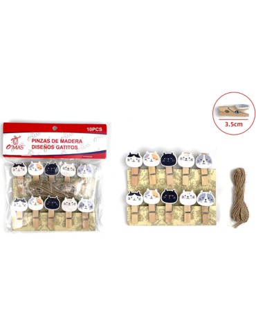 12 Set de Pinzas de Madera Diseño Gato (1 Set Trae 10 PCS) Medida: 3.5 cm aprox.