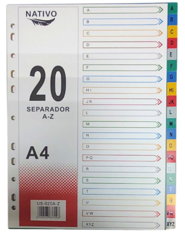6 Set de Separador Plástico con Letras A4 (1 Set Trae 20 PCS)