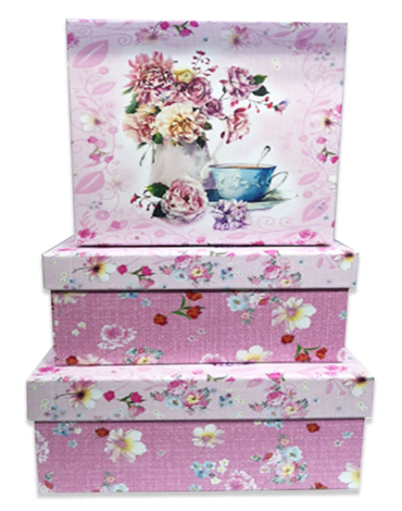 4 Set de Cajas de Regalo Decorativas Diseño Flores Fondo Rosado