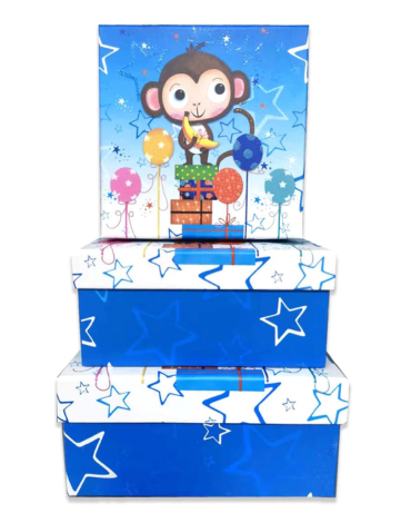 12 Set de Cajas de Regalo Decorativas Diseño Mono con Estrellas y Globos