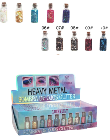 6 Set Sombra de Ojos Glitter en Polvo Colores Surtidos (1 Set Trae 10 Pcs)