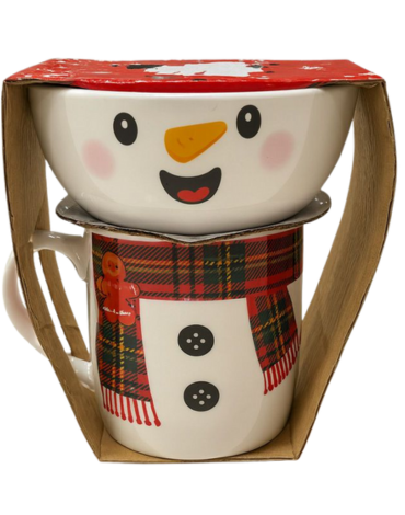 Taza con Bowl de Cerámica Navideño x 4 Unds. Medida: 14 x 12.5 cm aprox.