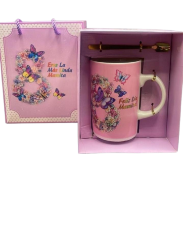 4 Set de Taza + Cuchara Feliz Día Mamita .(1 Set Trae: 2 PCS)
