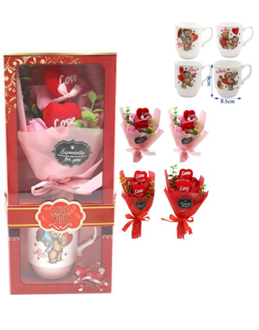 4 Set Taza Bouquet Flor Dia del Amor (1 Set Trae 2 PCS)