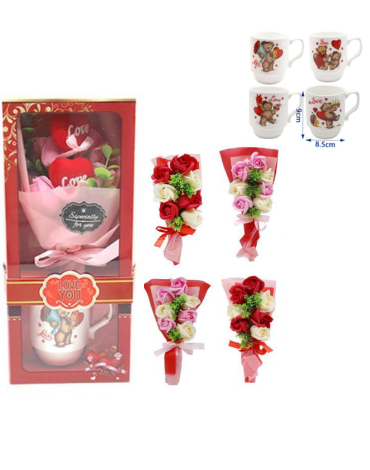 4 Set Taza Bouquet Flor Dia del Amor (1 Set Trae 2 PCS)