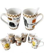 Taza Cerámica Estampada con Cuchara x 6 Unds. Medida: 400 ml aprox