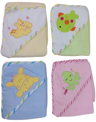 Toalla de Baño Bordada con Capucha x 4 Unds. Medida: 76 x 76 cm aprox.