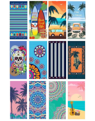 Toalla de Playa Microfibra Modelos Surtidos x 12 Unds. Medida: 75 x 150 cm aprox