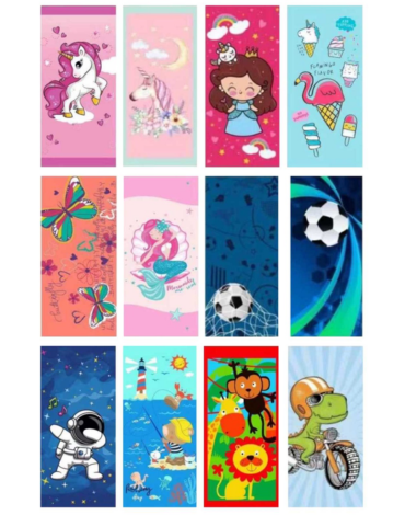 Toalla de Playa Microfibra Niña (o) Modelos Surtidos x 12 Unds. Medida: 75 x 150 cm aprox