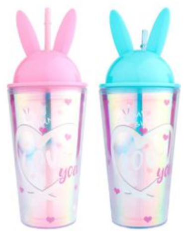 Vaso con Bombilla Orejitas Colores Surtidos x 12 Unds. Medida: 450 ml aprox.