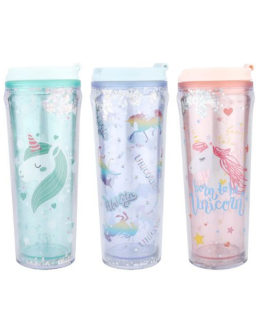 Vaso Unicornio con Tapa Modelos Surtidos x 12 Unds. Medida: 380 ml aprox.