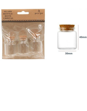 12 Set de Frasco de Vidrio con Corcho. Medida: 40 x 22 mm aprox.(1 Set Trae: 3 PCS)